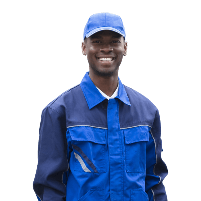 Smiling plumber in blue work uniform and cap, representing Perea Plumbing's commitment to quality service and craftsmanship.