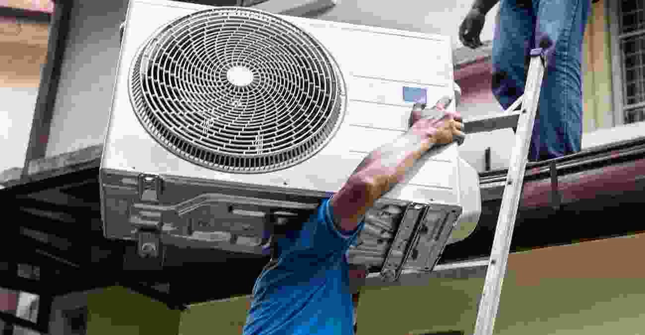 Technician installing air conditioning unit on a ladder, demonstrating HVAC repair and maintenance services.