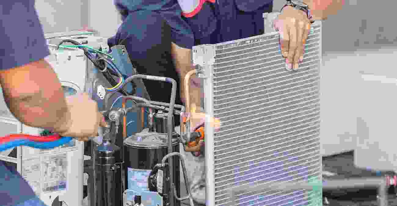 Technician repairing air conditioning unit, handling condenser and refrigerant lines, demonstrating HVAC maintenance services.